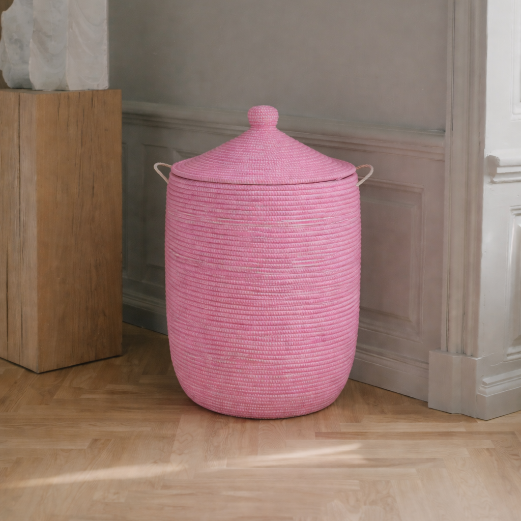 Laundry basket hand-woven elephant grass and recycled plastic with Senegal lid. Turquoise. Four sizes. Fair Trade