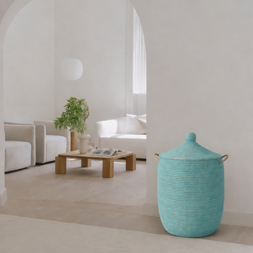Turquoise hand-braided laundry basket with lid