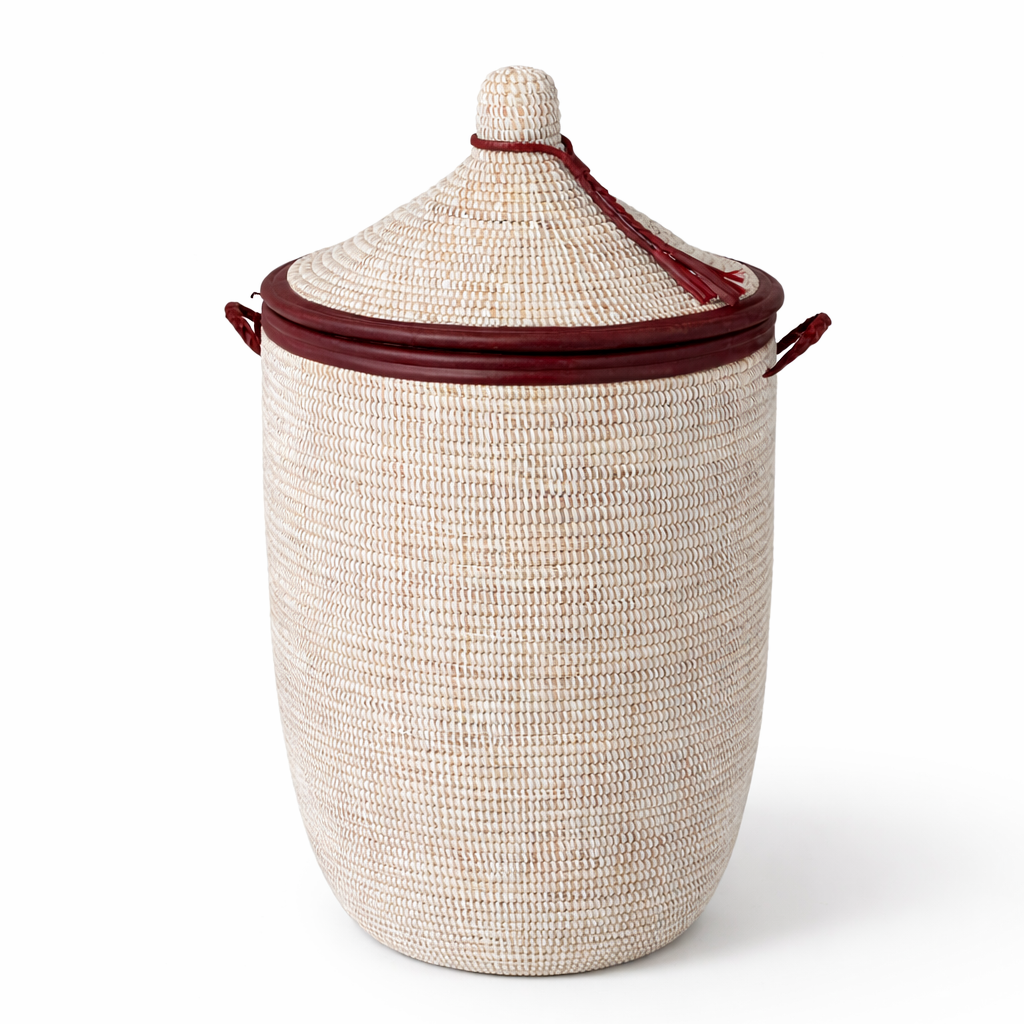 White laundry basket with brown leather edges, hand-woven with Senegal lid