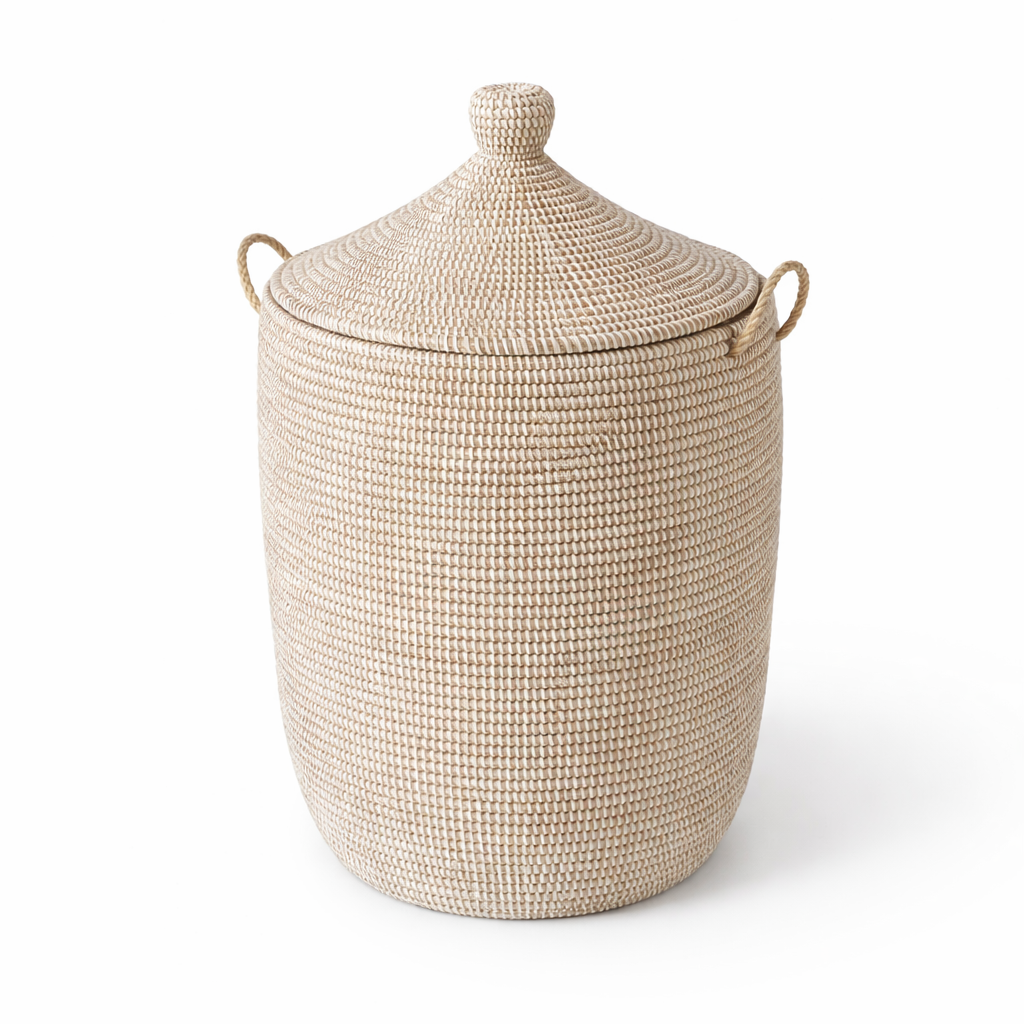Laundry basket. White with lid. Fair Trade, Senegal