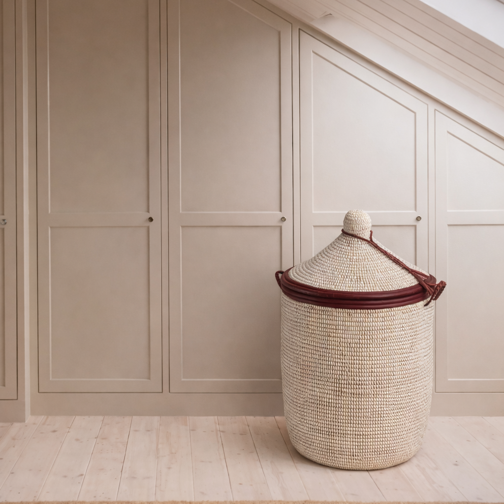 White laundry basket with brown leather edges, hand-woven with Senegal lid