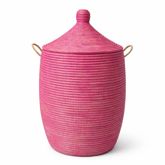 Raspberry colored laundry basket, hand braided with Senegal lid. Fair Trade