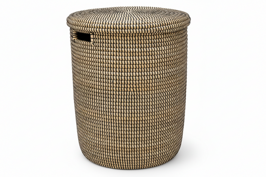 Basket / wicker table, cylindrical, white from Senegal