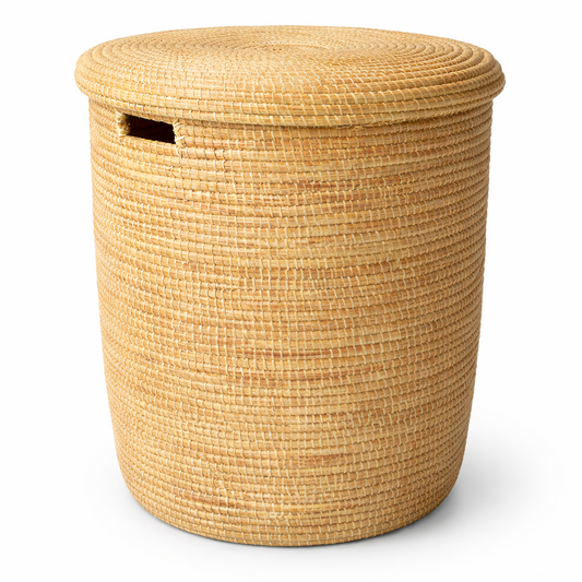 Laundry basket (or coffee table) hand-woven elephant grass with lid. Natural color. Three sizes. Fair Trade from Ghana