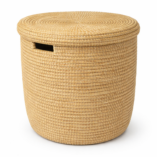 Laundry basket (or coffee table) hand-woven elephant grass with lid. Natural color. Three sizes. Fair Trade from Ghana