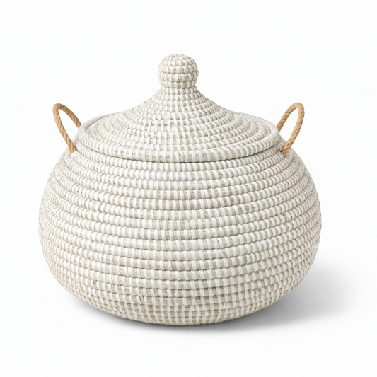 Buttede ball baskets (Ndaa) med låg, Hvid. Fair Trade, Senegal