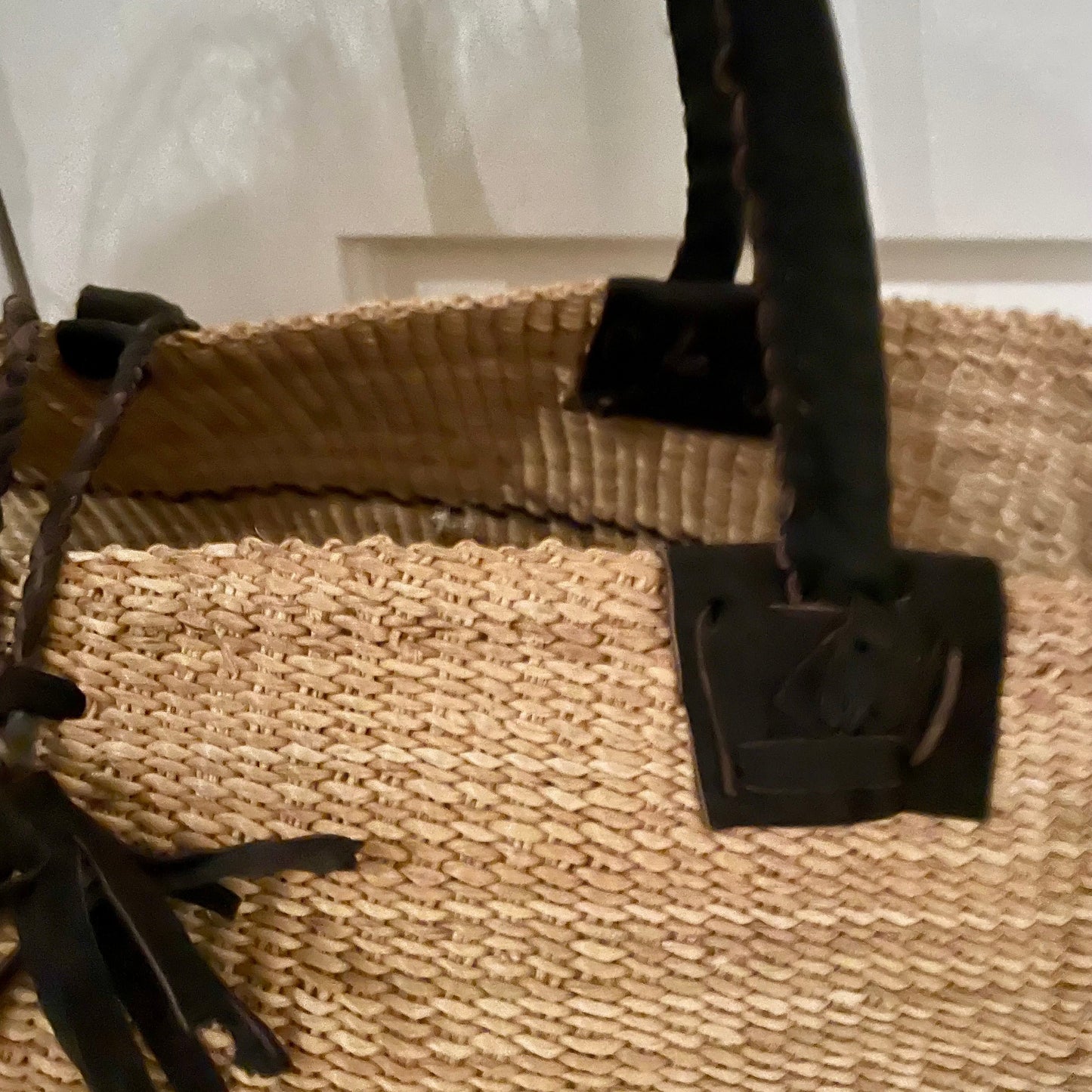 Large beach bag in elephant grass. Natural color with black leather handle. Fair Trade, Ghana