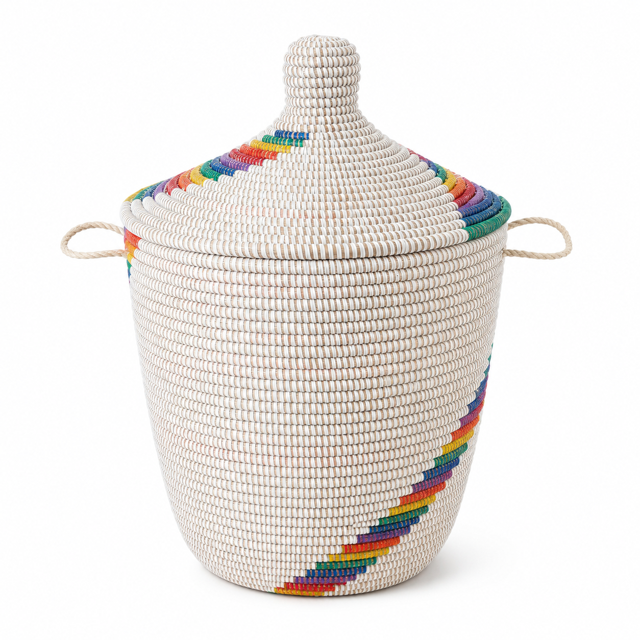 Multicoloured hand-braided laundry basket with lid