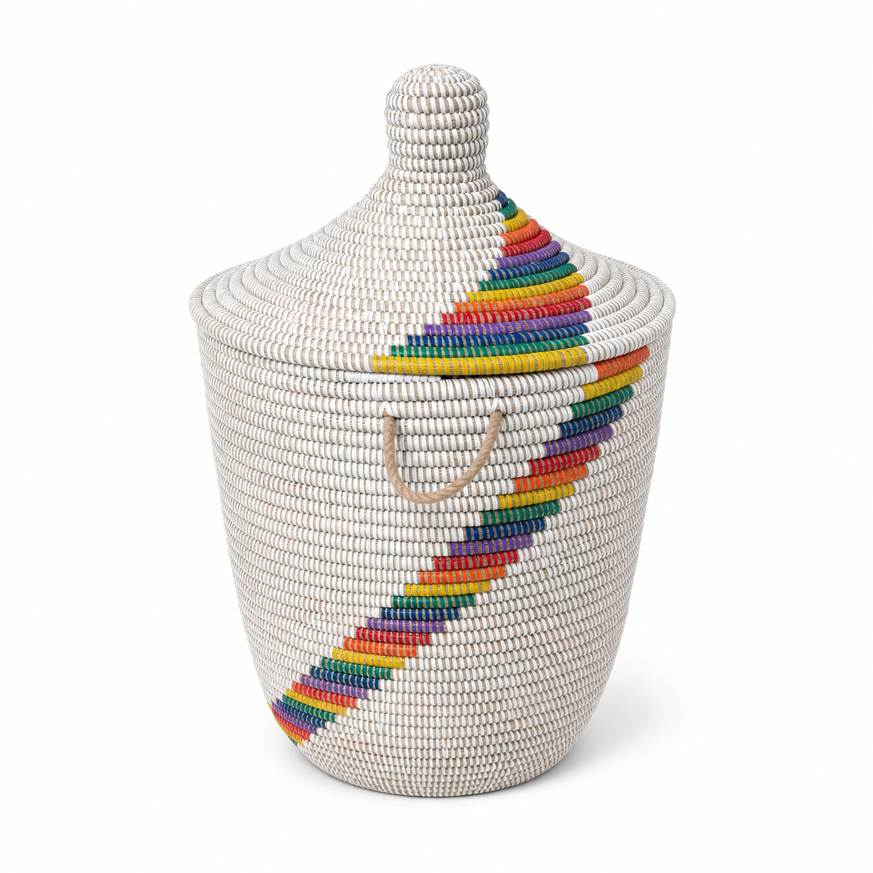 Multicoloured hand-braided laundry basket with lid