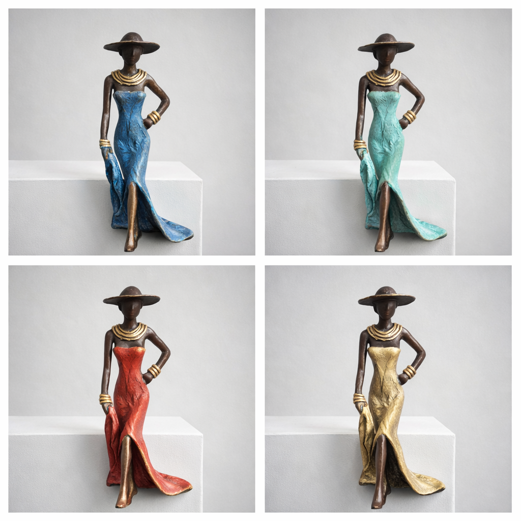 Woman with hat – bronze sculpture by the Burkinabe artist Soré, blue dress, size 16 cm