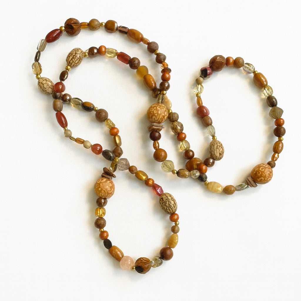 Mala perlekæde, jordfarver, poleret træperler, perler af glas og halvædelsten