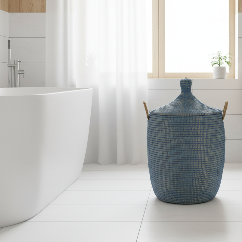 Himmelblå vasketøjskurv, håndflettet med Senegal-låg. Fair Trade