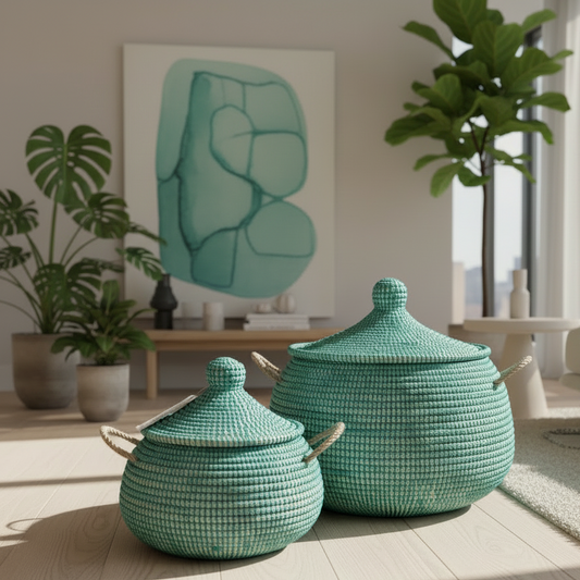 Buttede ball baskets (Ndaa) med låg, mørk grøn. Fair Trade, Senegal