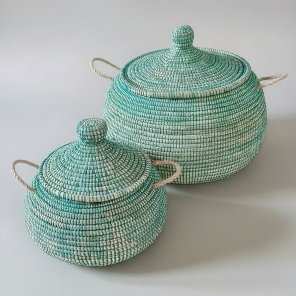 Buttede ball baskets (Ndaa) med låg, mørk grøn. Fair Trade, Senegal