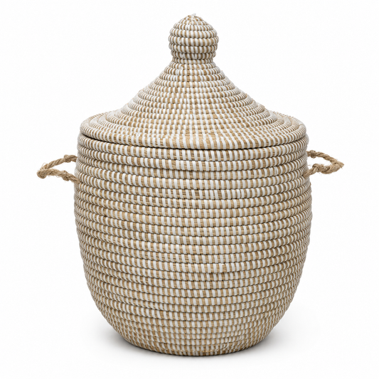 Multicoloured hand-braided laundry basket with lid