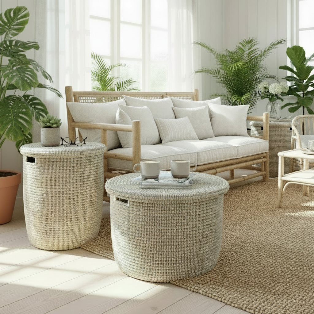 Kurv / kurvebord, cylinderformet, hvid fra Senegal