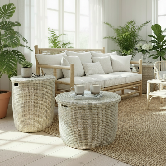 Kurv / kurvebord, cylinderformet, hvid fra Senegal