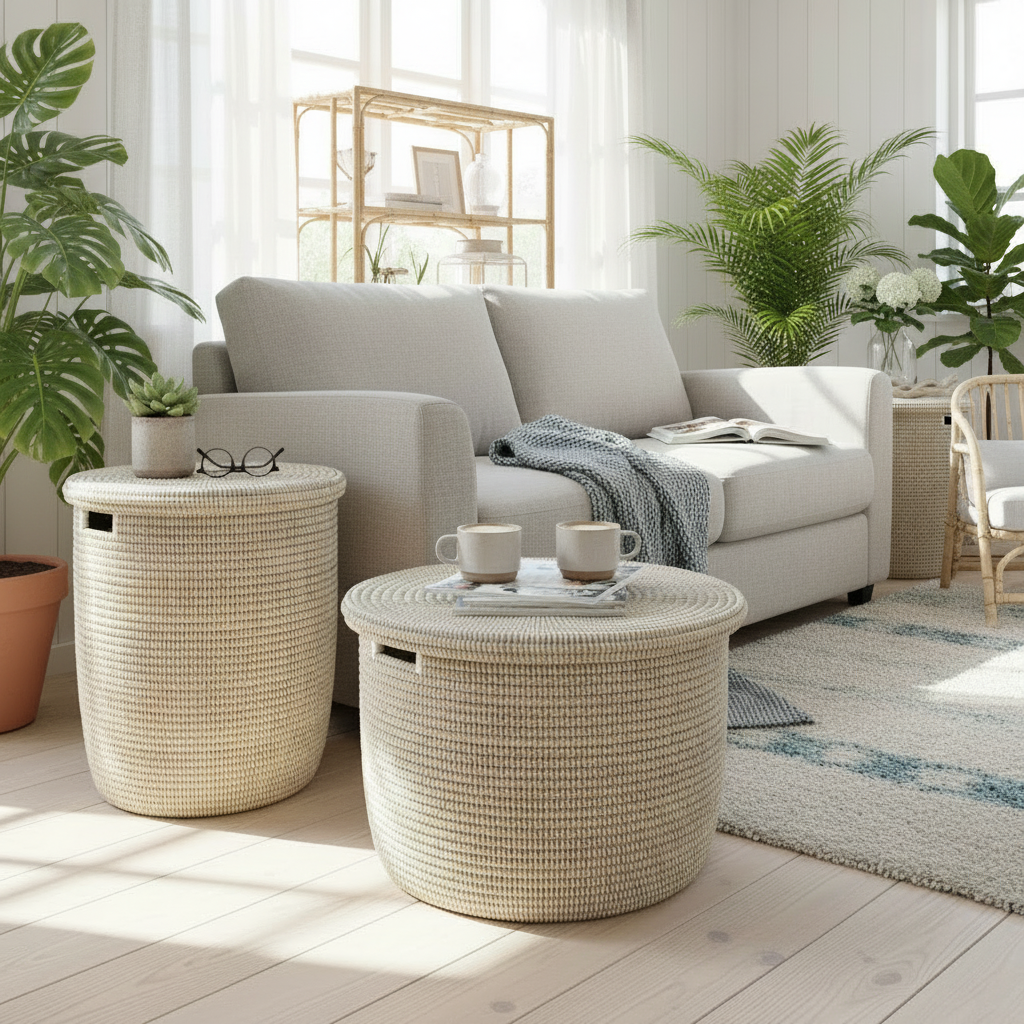 Kurv / kurvebord, cylinderformet, hvid fra Senegal