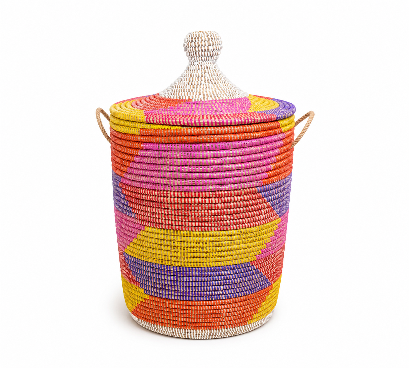 White laundry basket with leather details, hand braided with Senegal lid