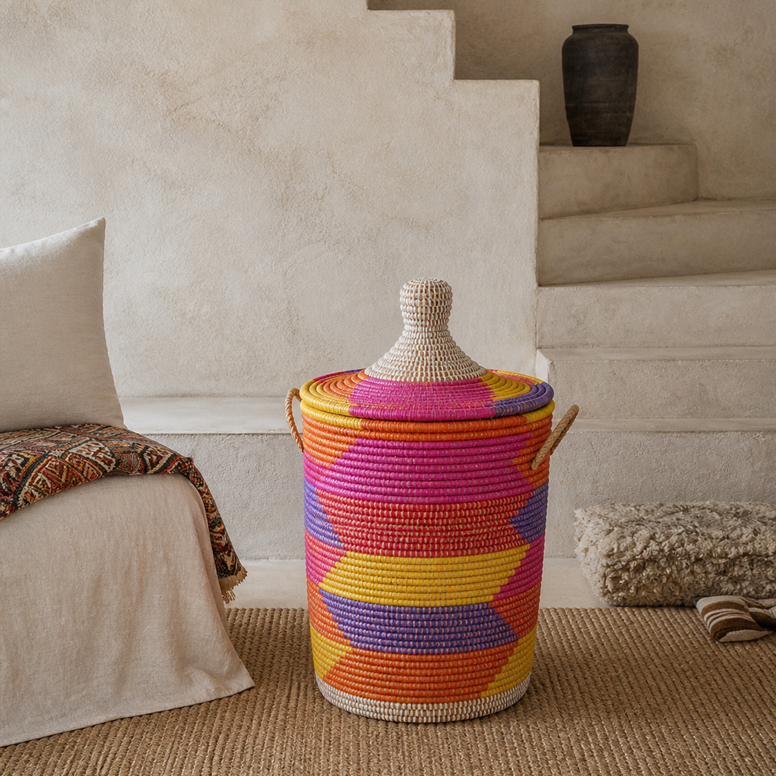 White laundry basket with leather details, hand braided with Senegal lid