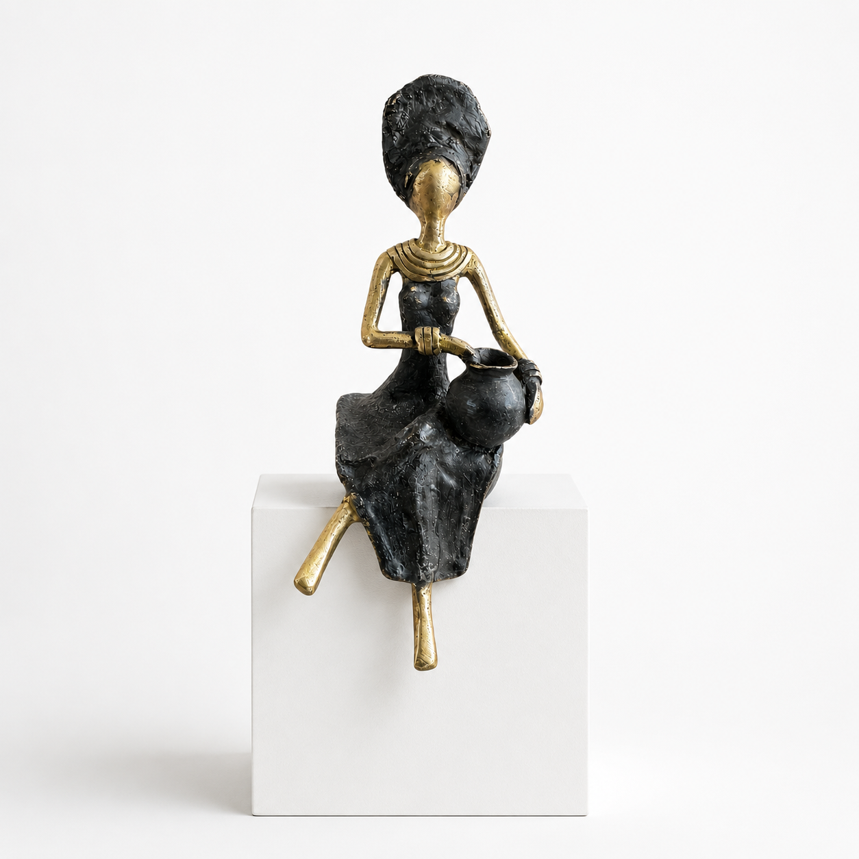 Sitting Woman – bronze sculpture, mint green dress, 15 cm