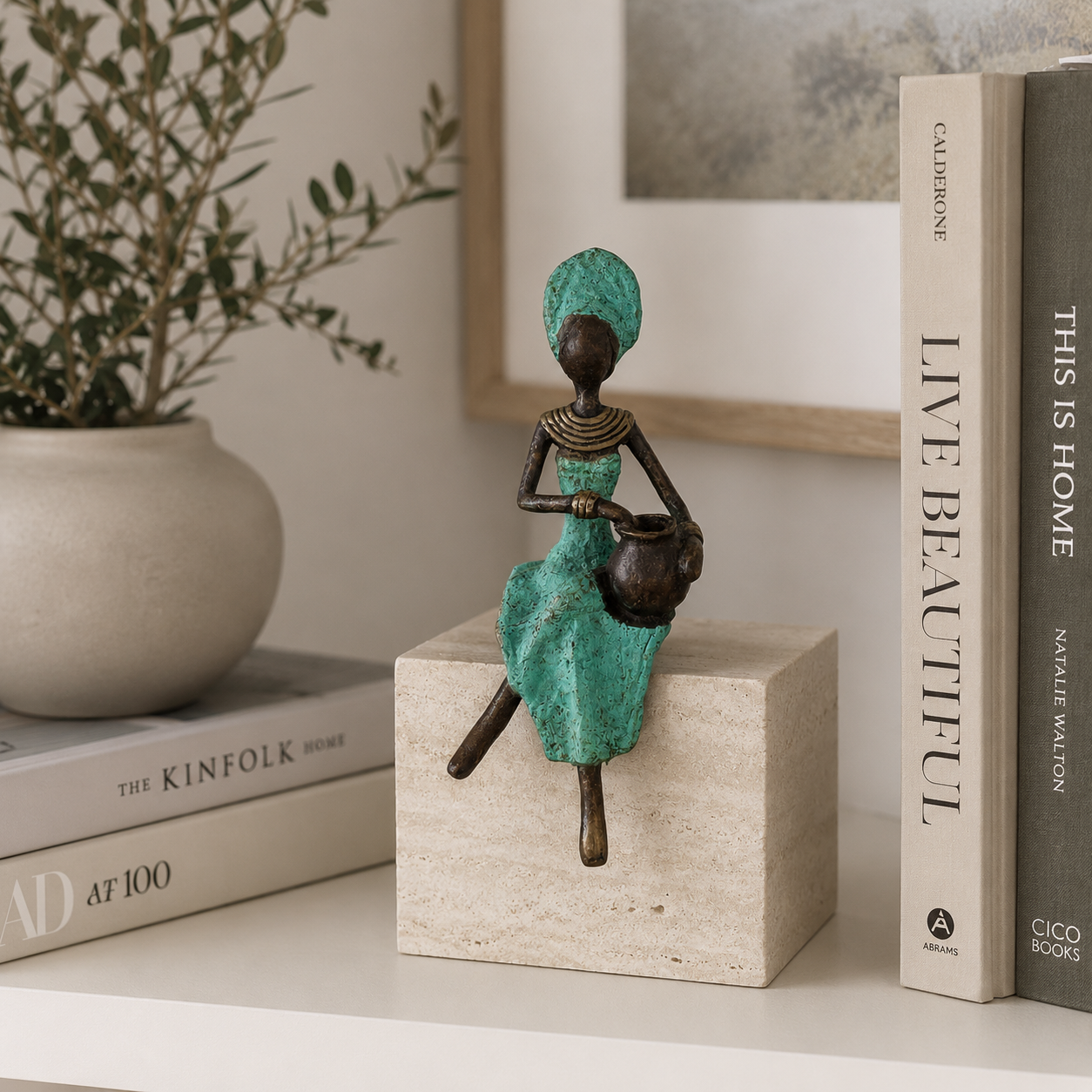 Sitting Woman – bronze sculpture, mint green dress, 15 cm