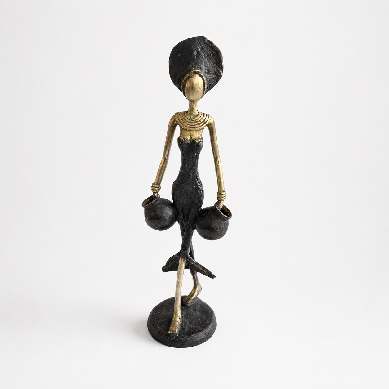 Woman with hat – bronze sculpture by the Burkinabe artist Soré, blue dress, size 16 cm