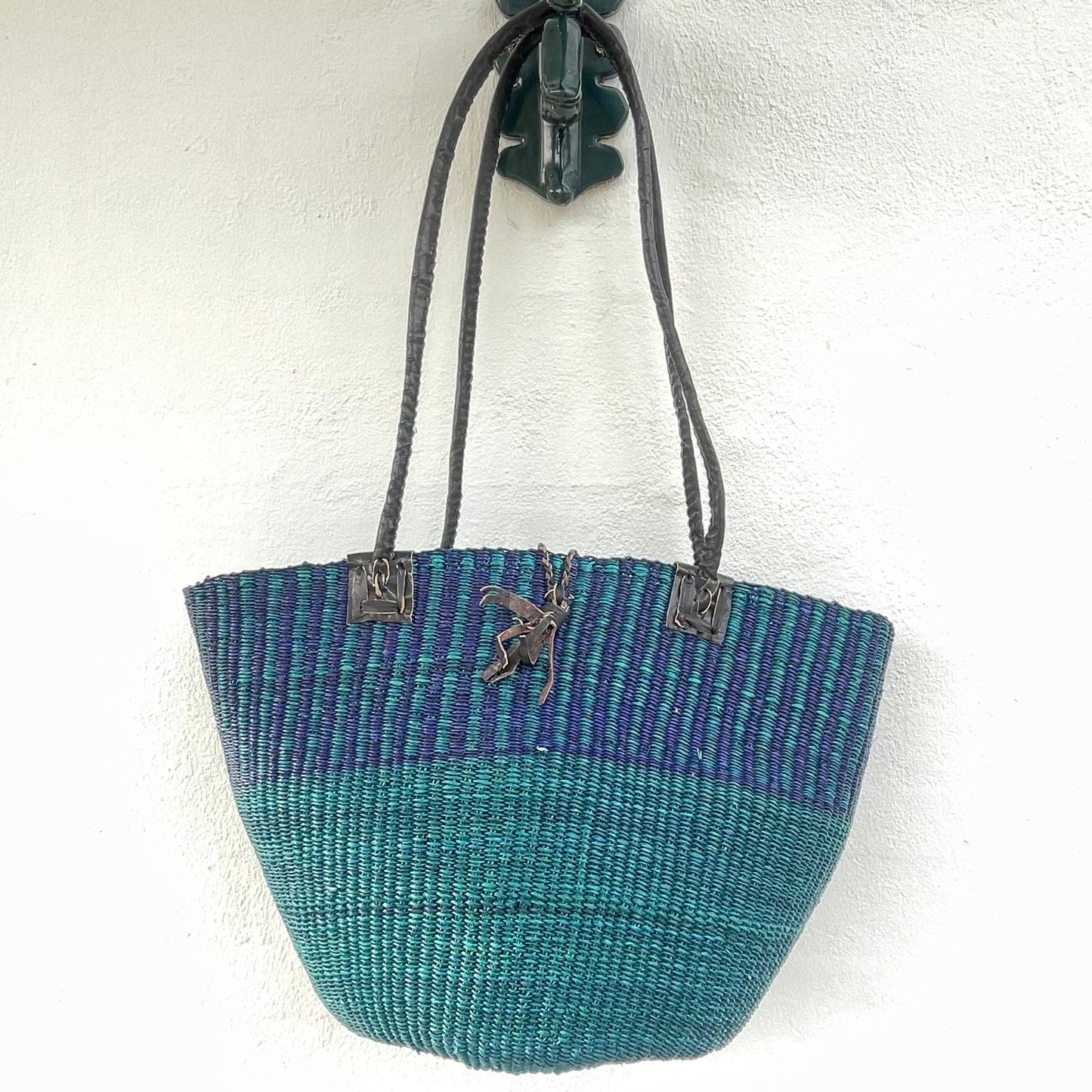 Shoulder bag with leather strap, turquoise and blue, Fair Trade, from Ghana