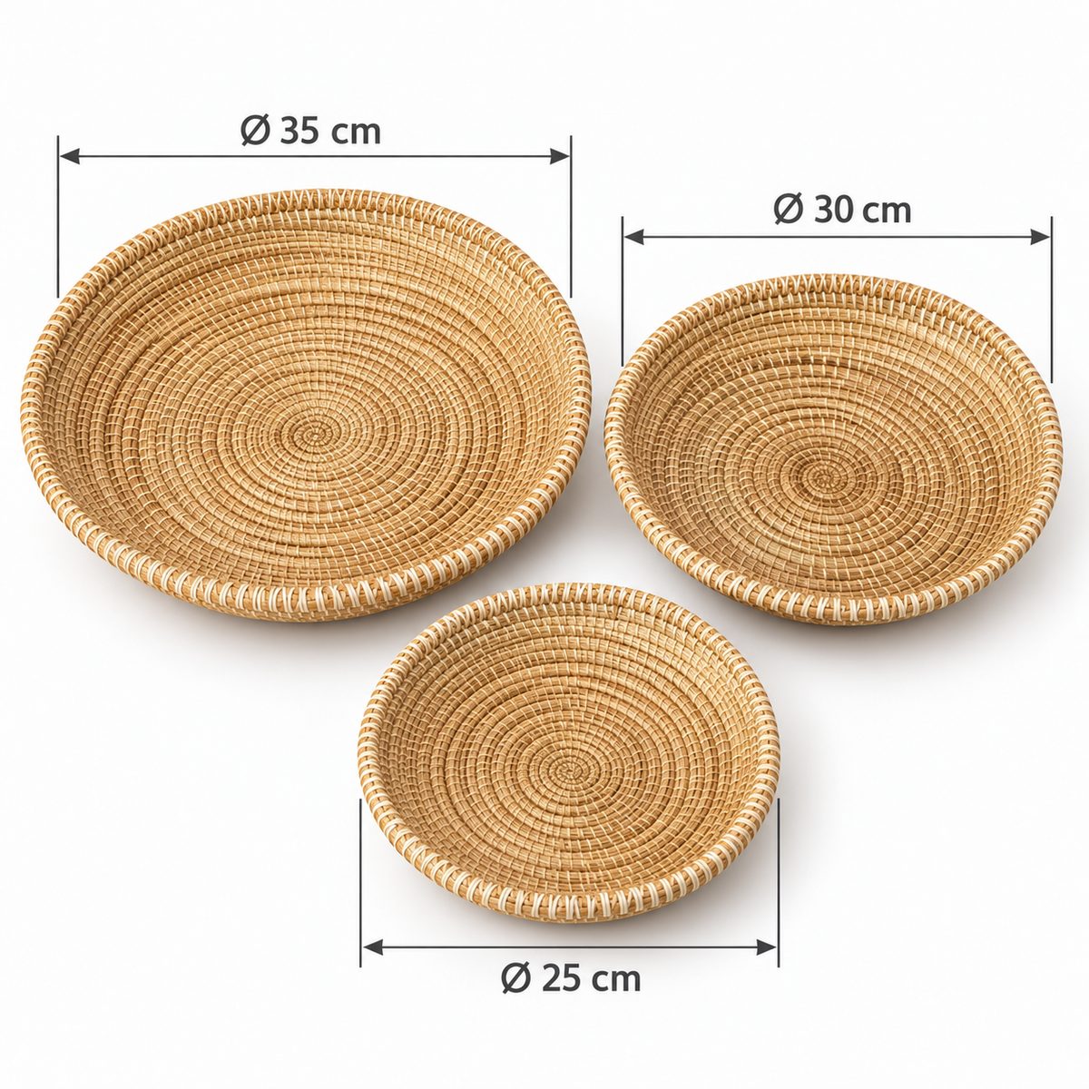 Økologiske runde kurvebakker med flad bund: Ø35 cm, Ø30 cm, Ø25 cm