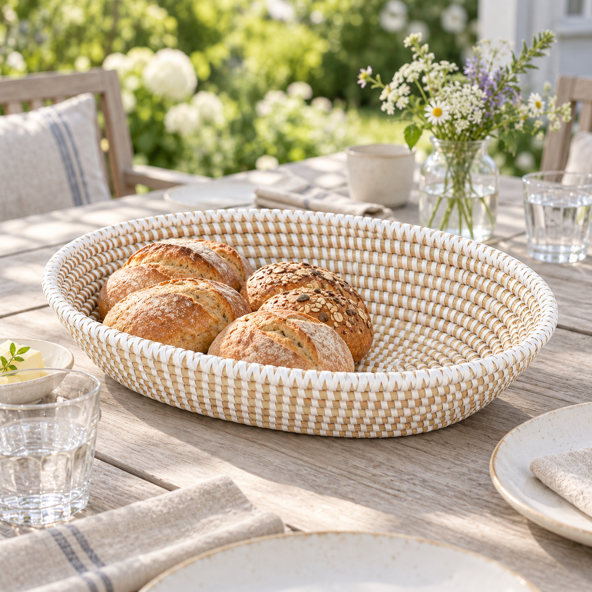 Oval brødkurv i hvidt flet med brød, oval skålform