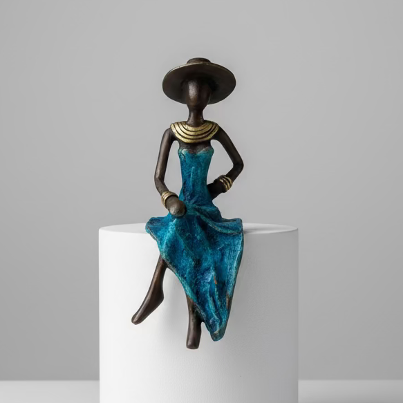 Siddende kvinde – bronzeskulptur, blå kjole, str. 15 cm