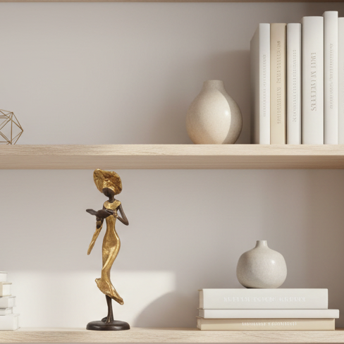 Woman with book – bronze sculpture, gold dress, size 25 cm