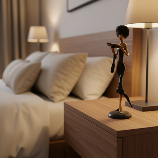 Kvinde med bog – bronzeskulptur, sort kjole, str. 25 cm