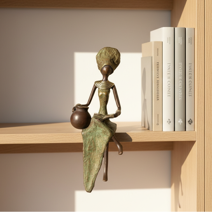 Læsende kvinde med vand og bog – bronzeskulptur, lys grøn kjole, str. 25 cm