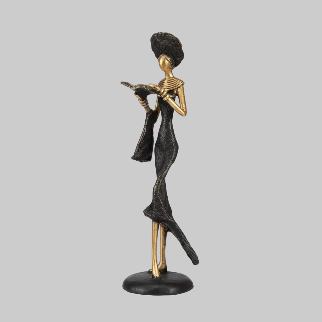 Woman with hat – bronze sculpture by the Burkinabe artist Soré, pastel green dress, size 16 cm