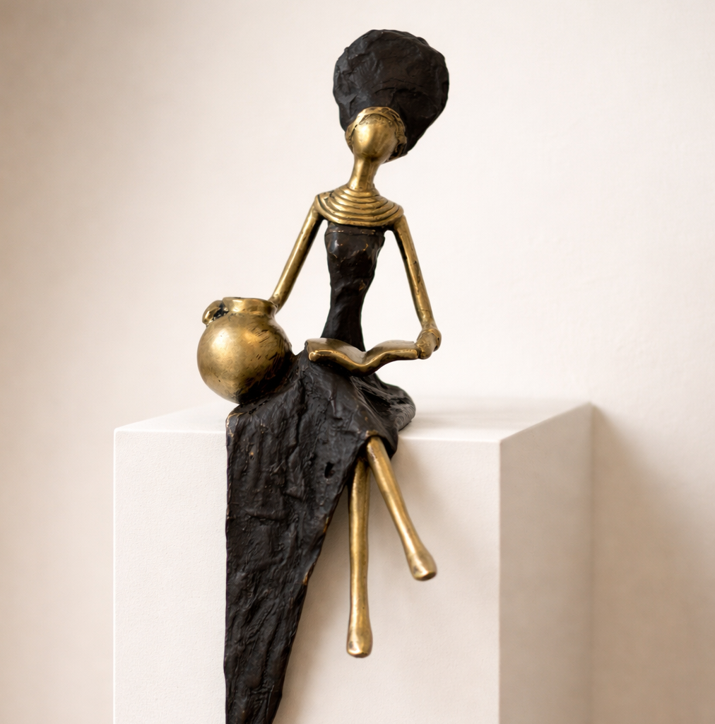 Læsende kvinde med vand – bronzeskulptur, sort kjole, str. 25 cm