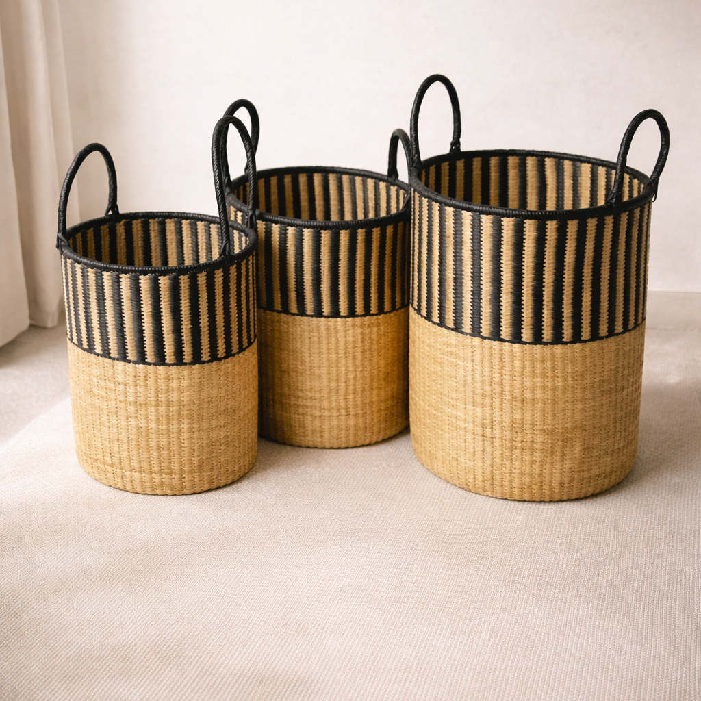 Laundry or toy basket, natural with black leather handle