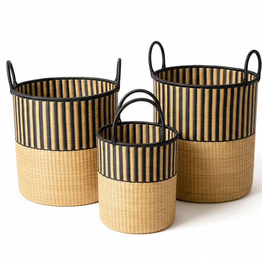 Laundry or toy basket, natural with black leather handle