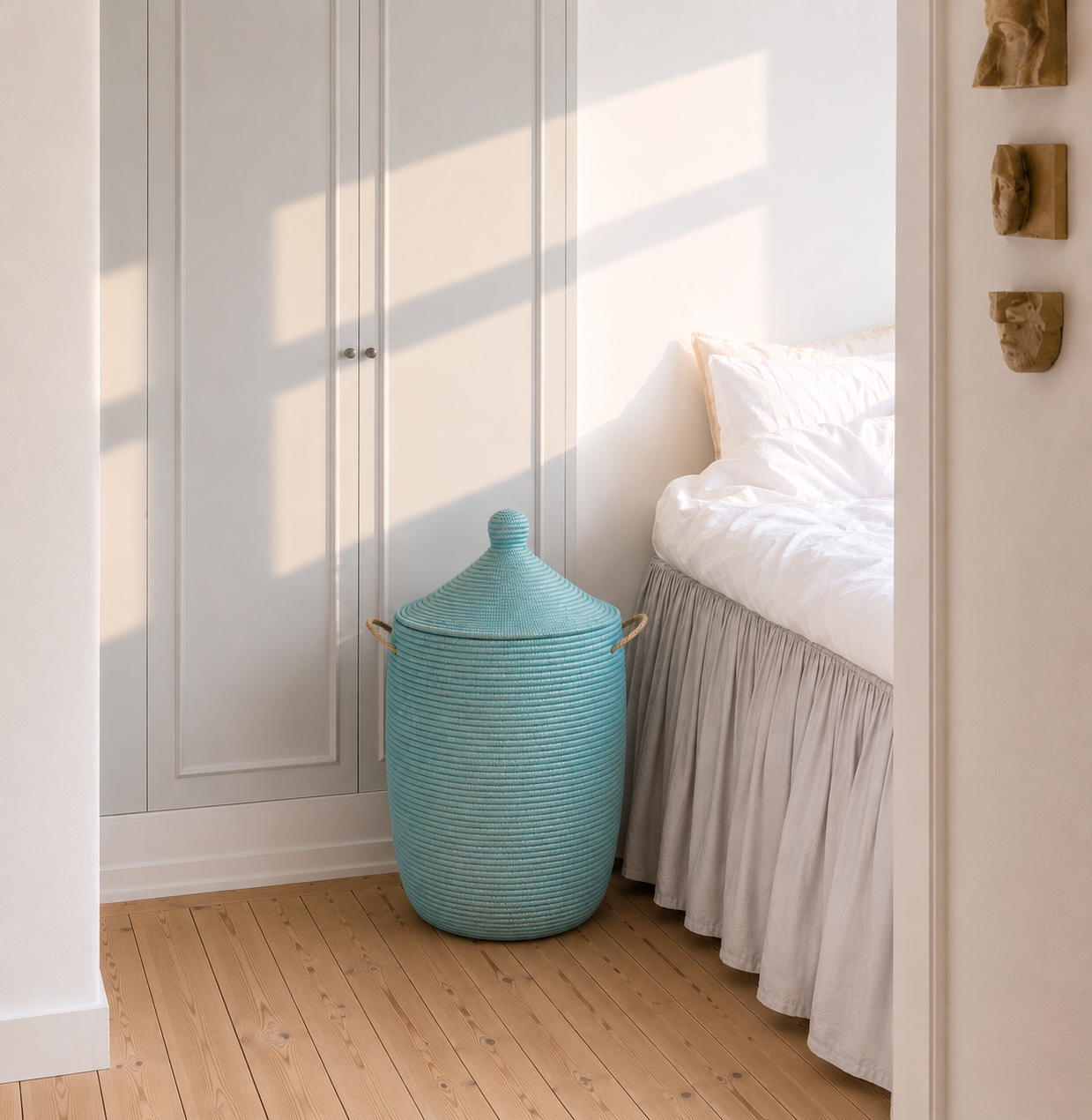 Turquoise hand-braided laundry basket with lid