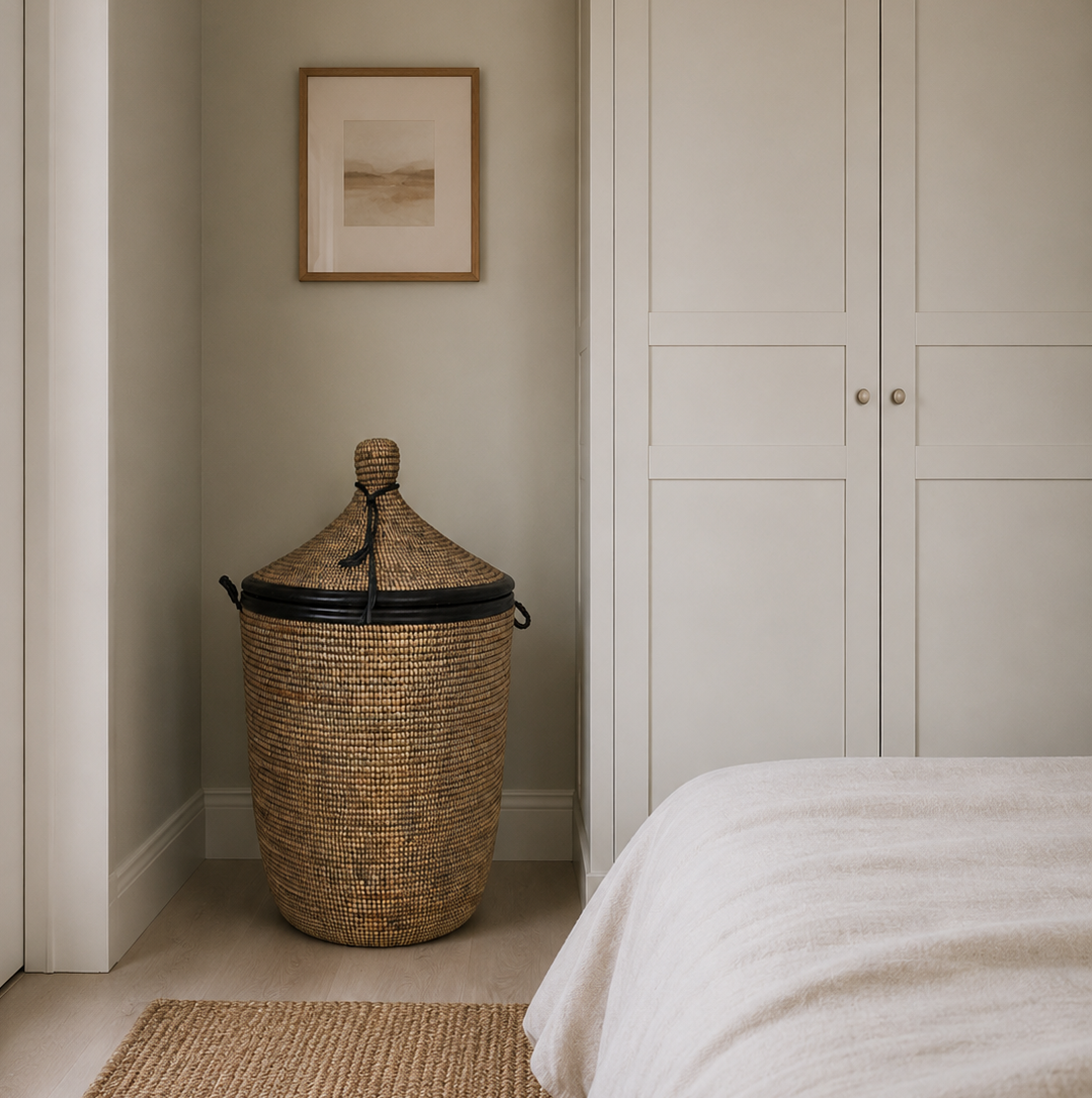White laundry basket with leather details, hand braided with Senegal lid