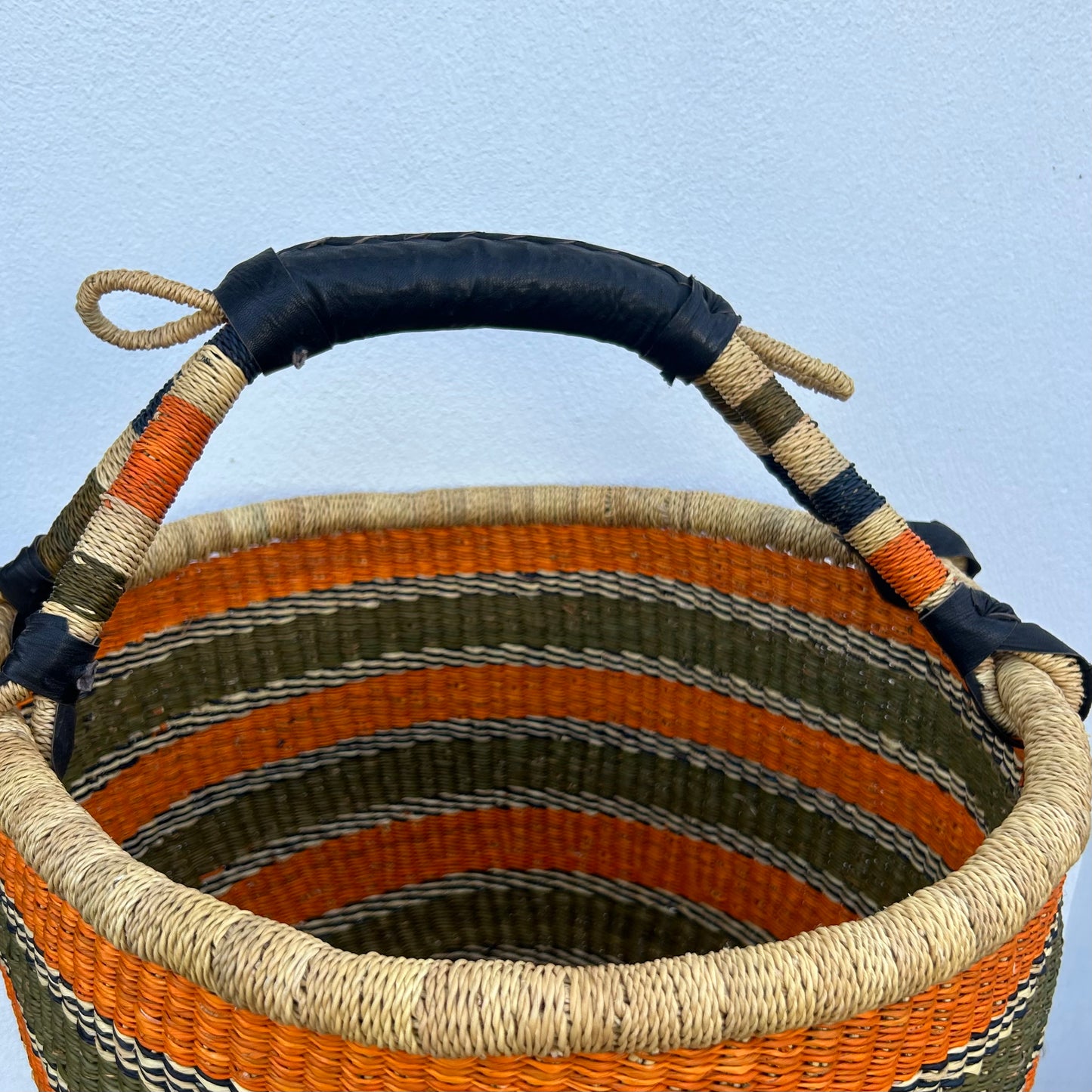 Bolga basket, orange/green striped, handwoven, only one of each. Fair Trade, Ghana