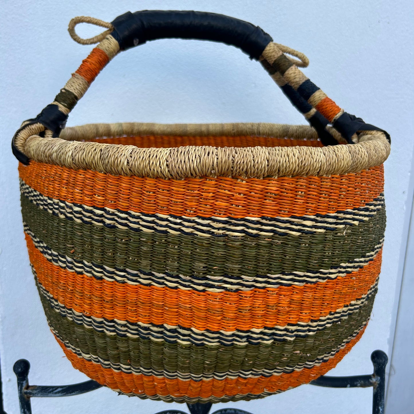 Bolga basket, orange/green striped, handwoven, only one of each. Fair Trade, Ghana