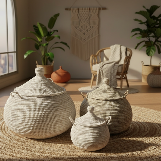 Buttede ball baskets (Ndaa) med låg, Hvid. Fair Trade, Senegal