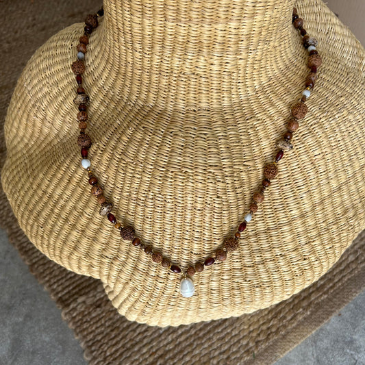 Mala bead necklace, polished wooden beads, bean beads and shell bead pendant