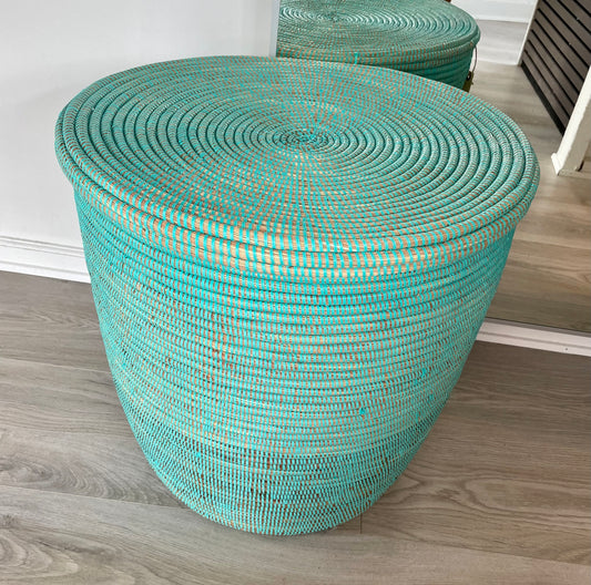 Laundry basket hand-woven elephant grass and recycled plastic with flat lid. Fair Trade from Senegal
