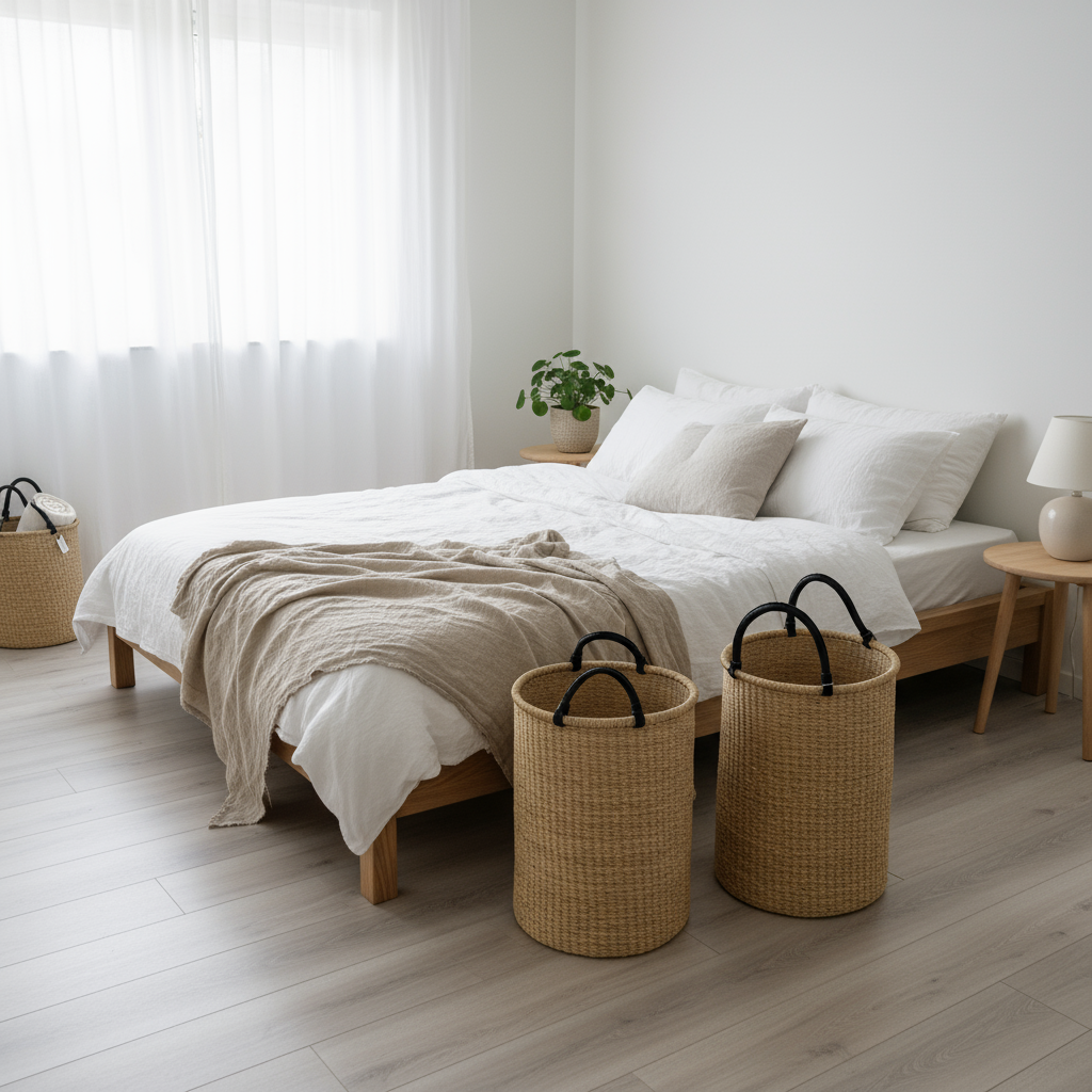 Vasketøjs- el. legetøjskurv, natur med sort skind hank