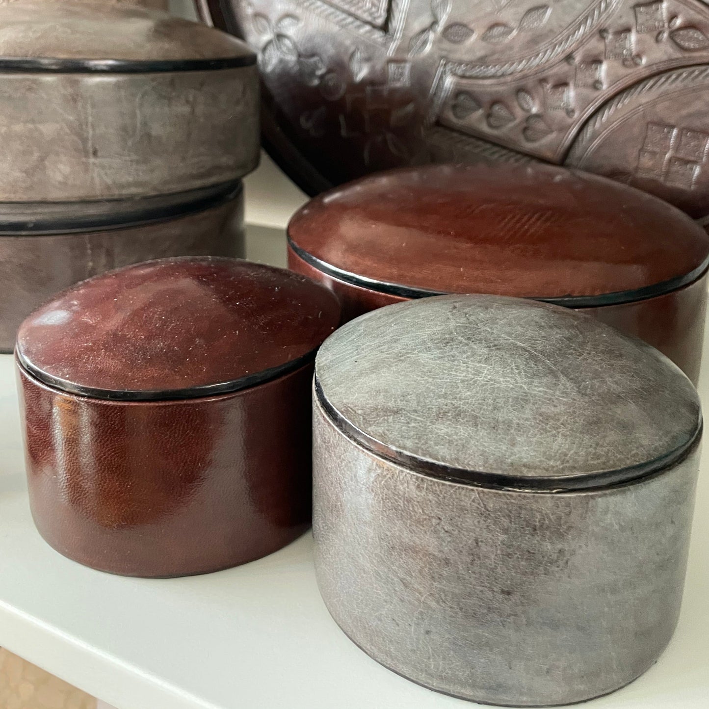 Leather storage box in many colors and two sizes. Fair Trade from Burkina Faso