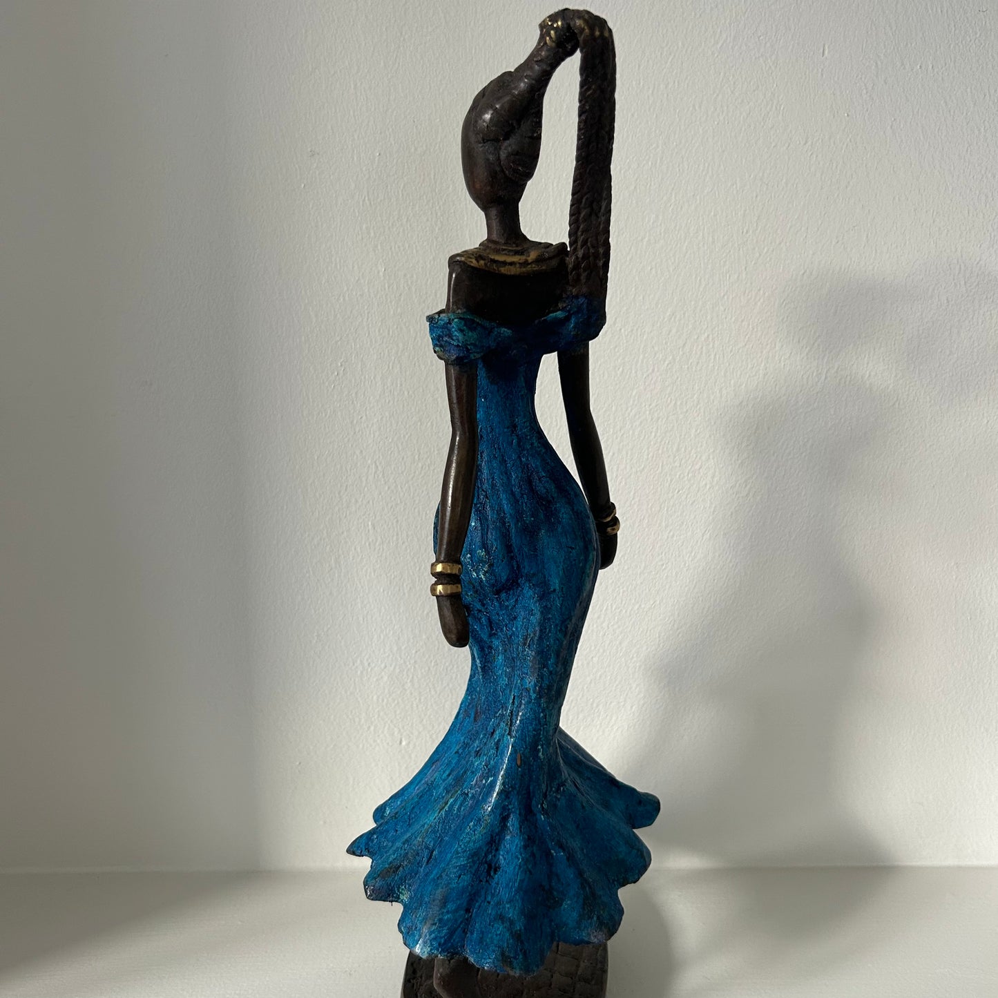 Brass art, 'Power Woman' in blue &amp; long hair, 35-37 cm, Fair Trade, Burkina Faso