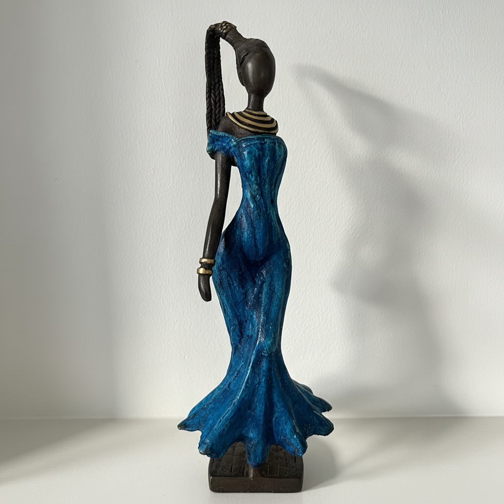Messingkunst, 'Power Woman' i blå & langt hår, 35-37 cm, Fair Trade, Burkina Faso