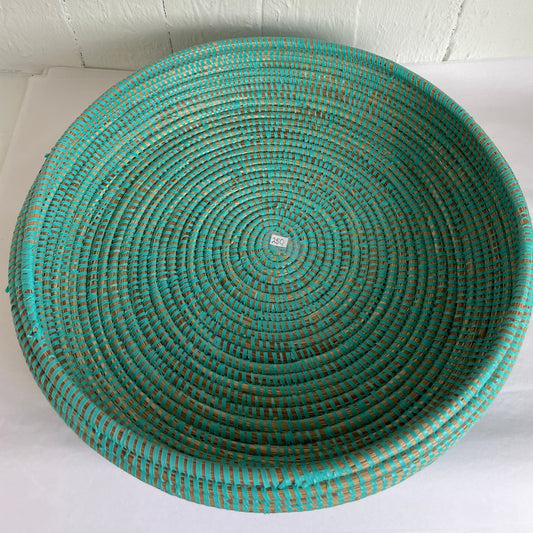 Bread basket / serving tray. Handwoven in elephant grass with recycled plastic thread. Three sizes. Turquoise. Fair Trade from Senegal